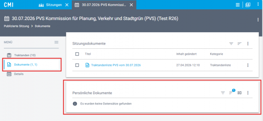 Screenshot persönliche Dokumente auf Sitzung