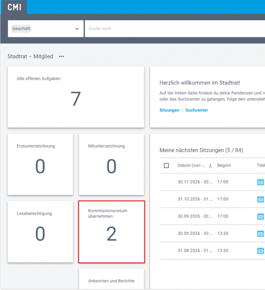 Dashboard mit Kachel Kommissionsvotum
